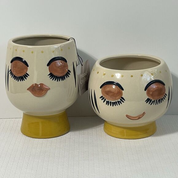 Bulgy Eye Face Ceramic Pedestal Planter Flower Pot Multi Tall Handcrafted - Picture 15 of 16